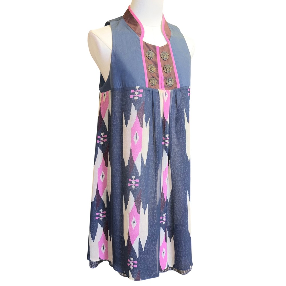 Gattinoni Shift Dress Womens 10 Blue Silk Geometric Print Good Sleeveless 6GAA15